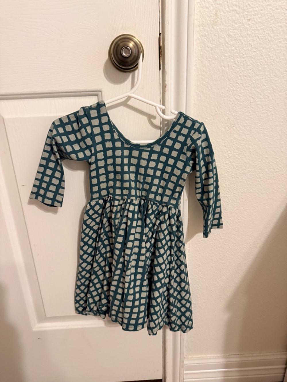 Girls Teal and Cream Grid-Print Long Sleeve Casual Dress